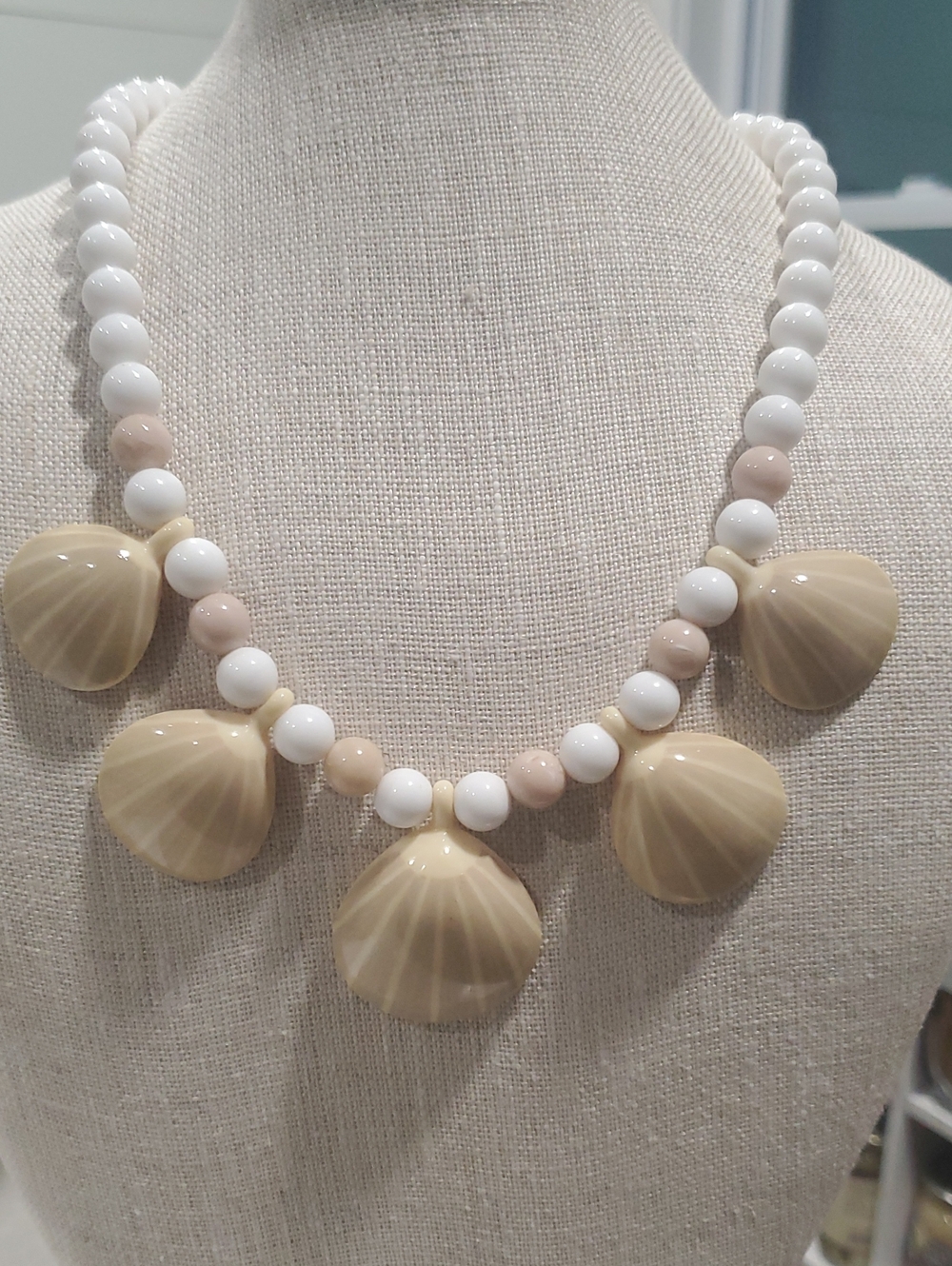 Neutral Shell Pendant Bead Necklace - Cream and White Women's Necklace Vintage.